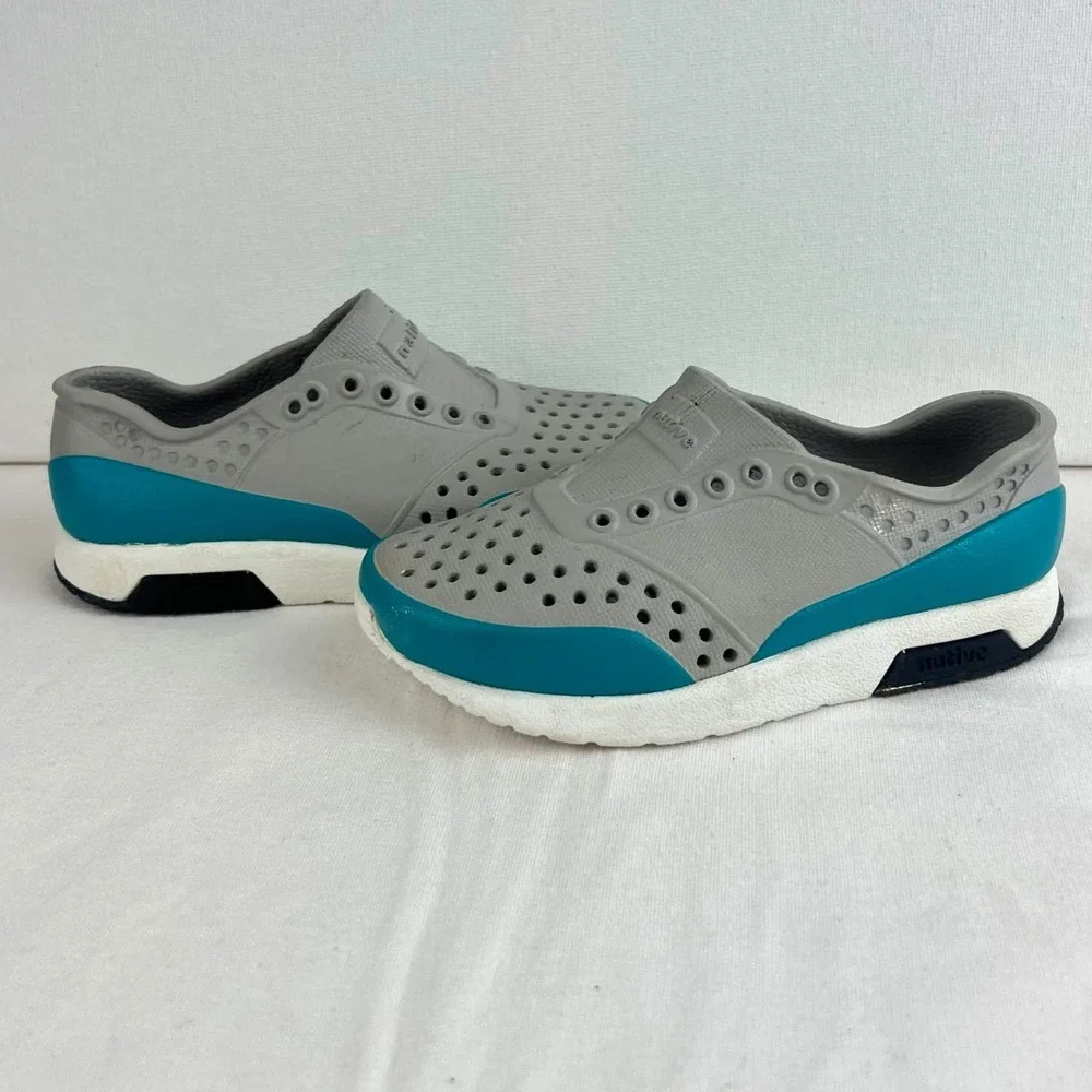 EUC Native Shoes Kids Grey Teal Slip On Water Sneakers Summer C7